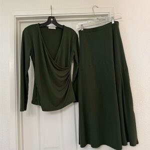 Gorgeous olive knit wrap top (M) & skirt (S) by Kettlewell